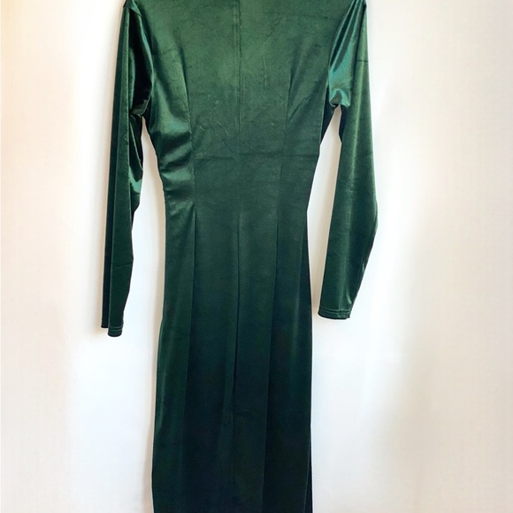 Green Velour Wrap Style Midi Dress Medium Ruched Long Sleeve Holiday Glam - Picture 3 of 6